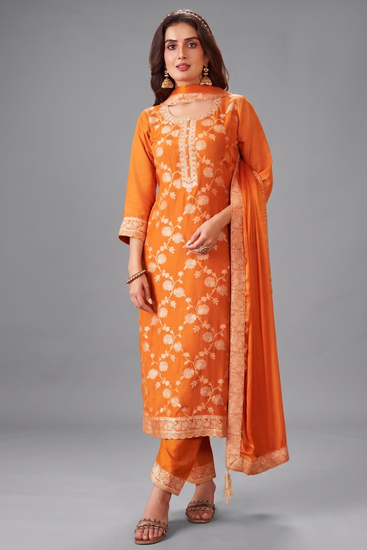 Orange Art Silk Woven Straight Cut Suit front view fabric details