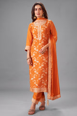 Orange Art Silk Woven Straight Cut Suit front view fabric details
