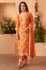 Back view and styling of Orange Art Silk Woven Straight Cut Suit