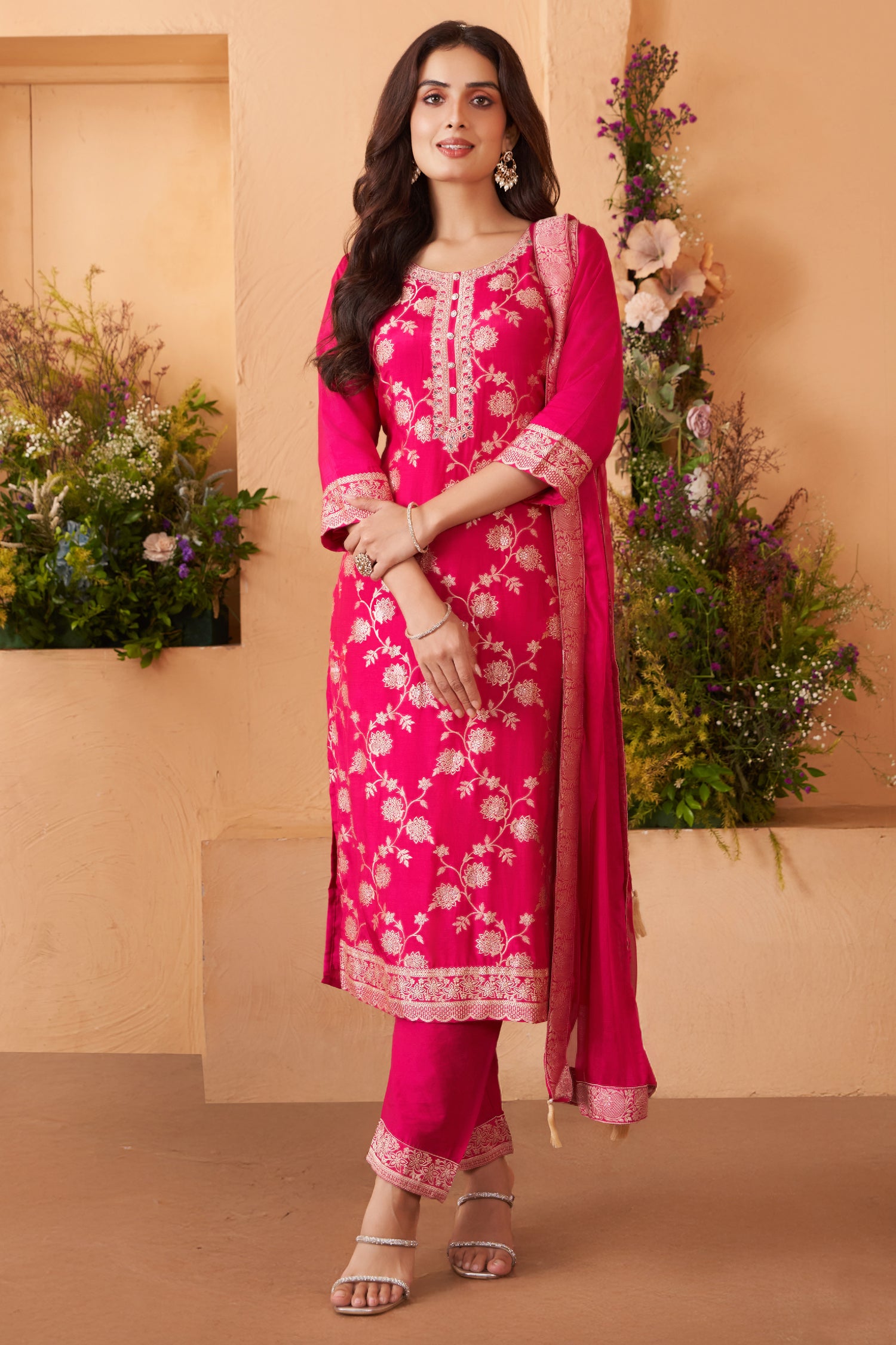 Pink Art Silk Woven Straight Cut Suit - Full Length View