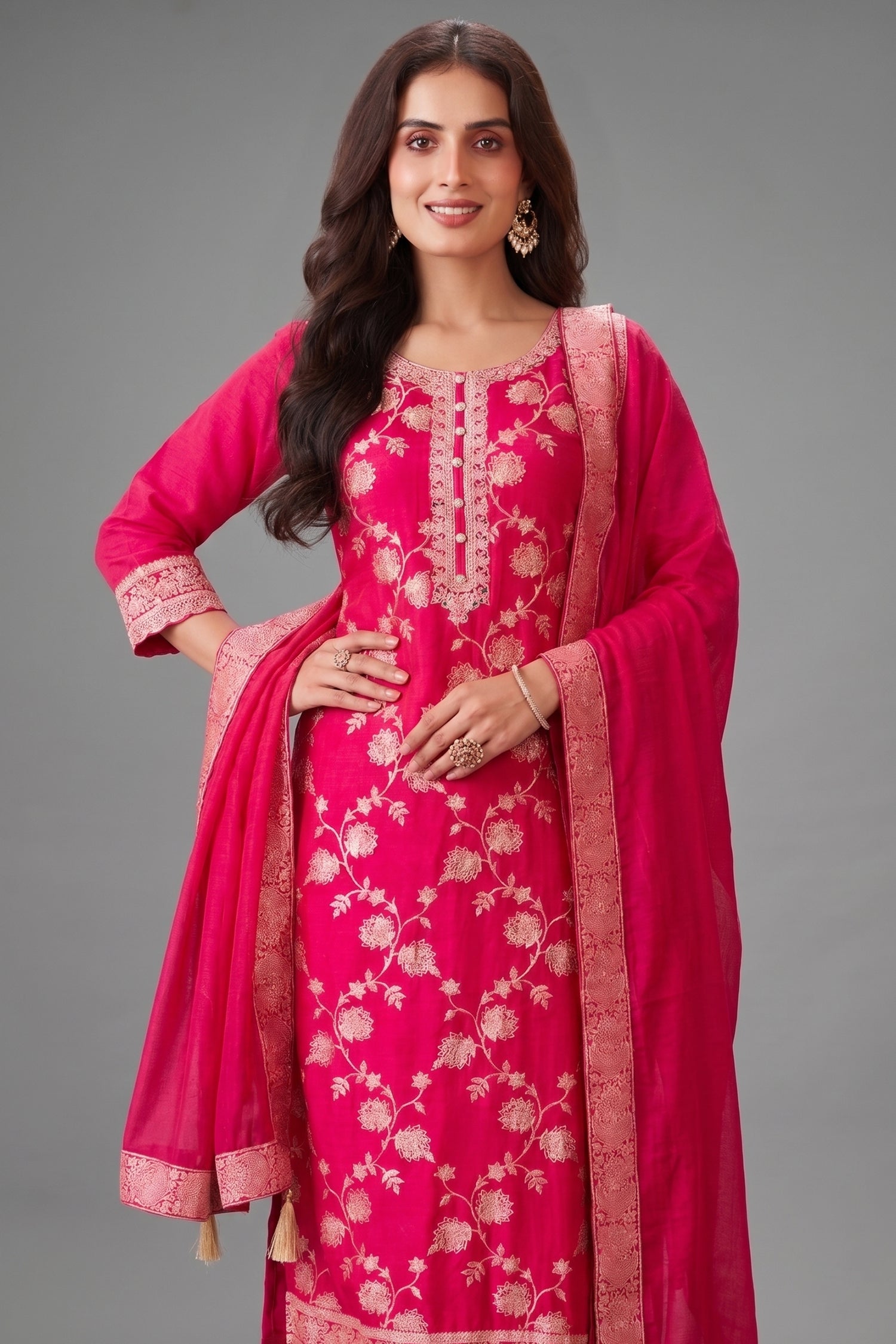 Pink Art Silk Woven Straight Cut Suit - Side View