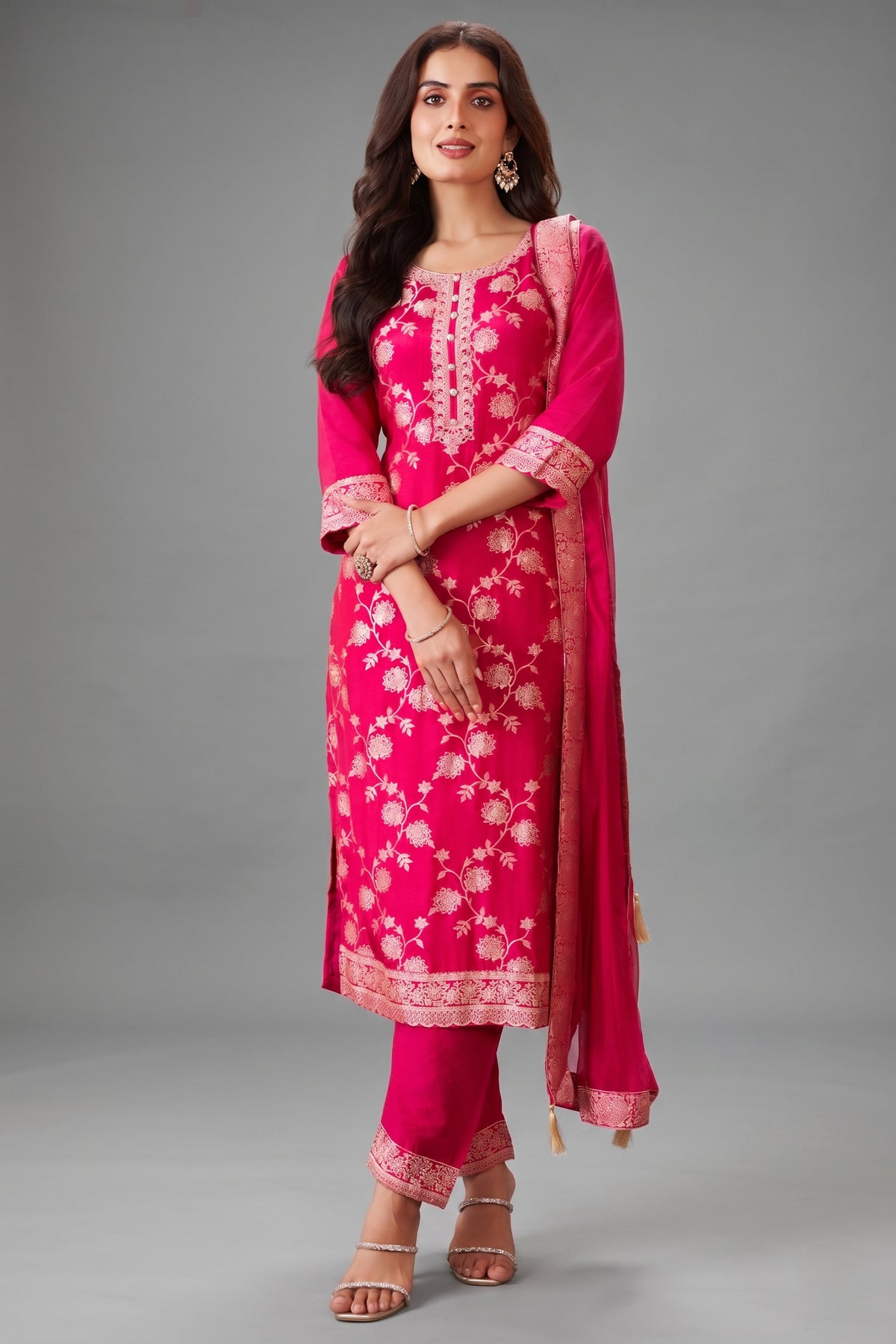Pink Art Silk Woven Straight Cut Suit - Front View