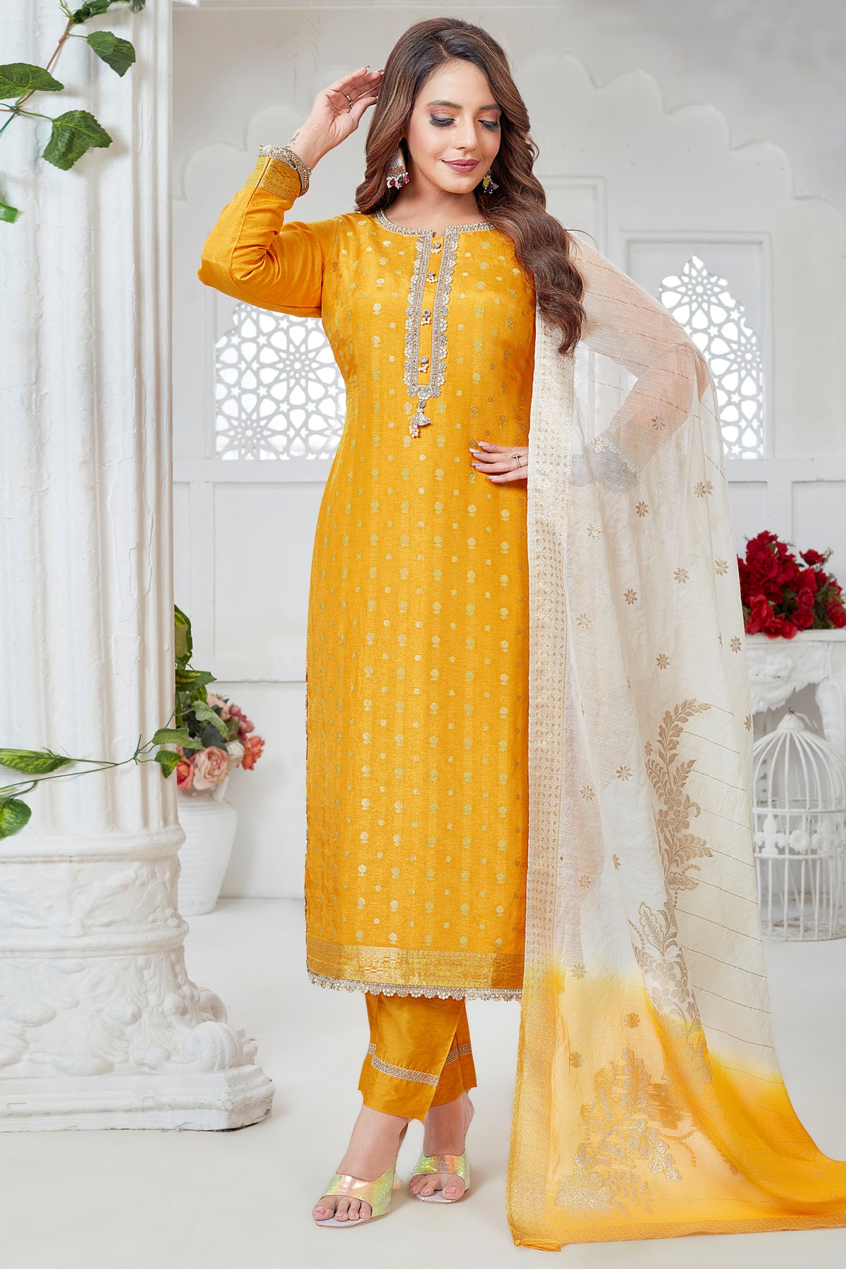 Yellow Art Silk Woven Suit - Full Length View