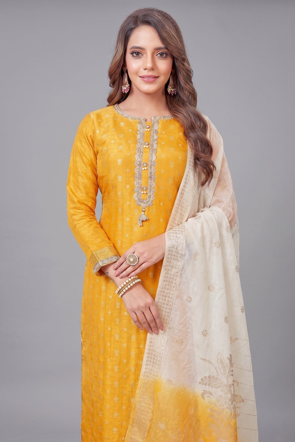 Yellow Art Silk Straight Cut Suit - Side View