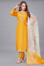 Yellow Art Silk Woven Straight Cut Suit - Front View