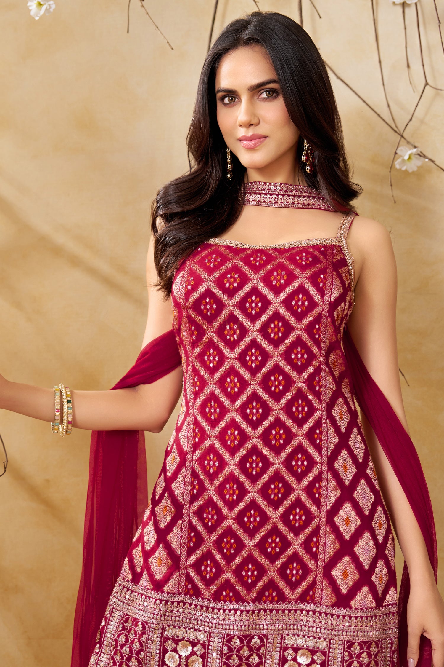 Dupatta and straight cut details of the Dark Rani Pink Georgette Palazzo Suit
