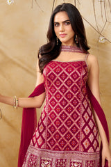 Dupatta and straight cut details of the Dark Rani Pink Georgette Palazzo Suit