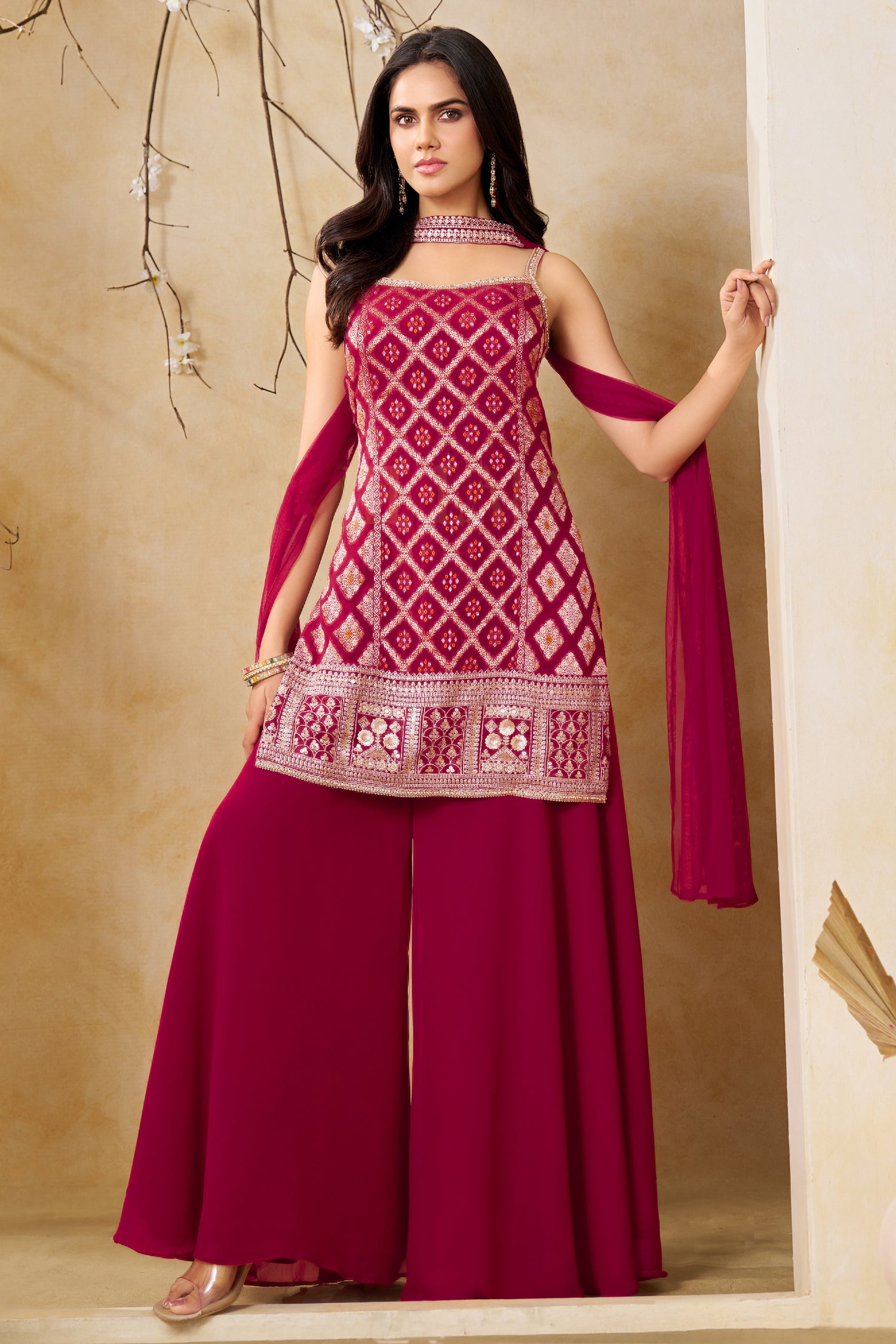 Designer Dark Rani Pink Georgette Palazzo Suit for festive wear