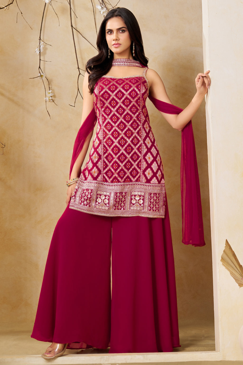 Designer Dark Rani Pink Georgette Palazzo Suit for festive wear