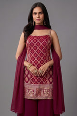 Dark Rani Pink Georgette Woven Straight Cut Palazzo Suit with Sequins Work in elegant design