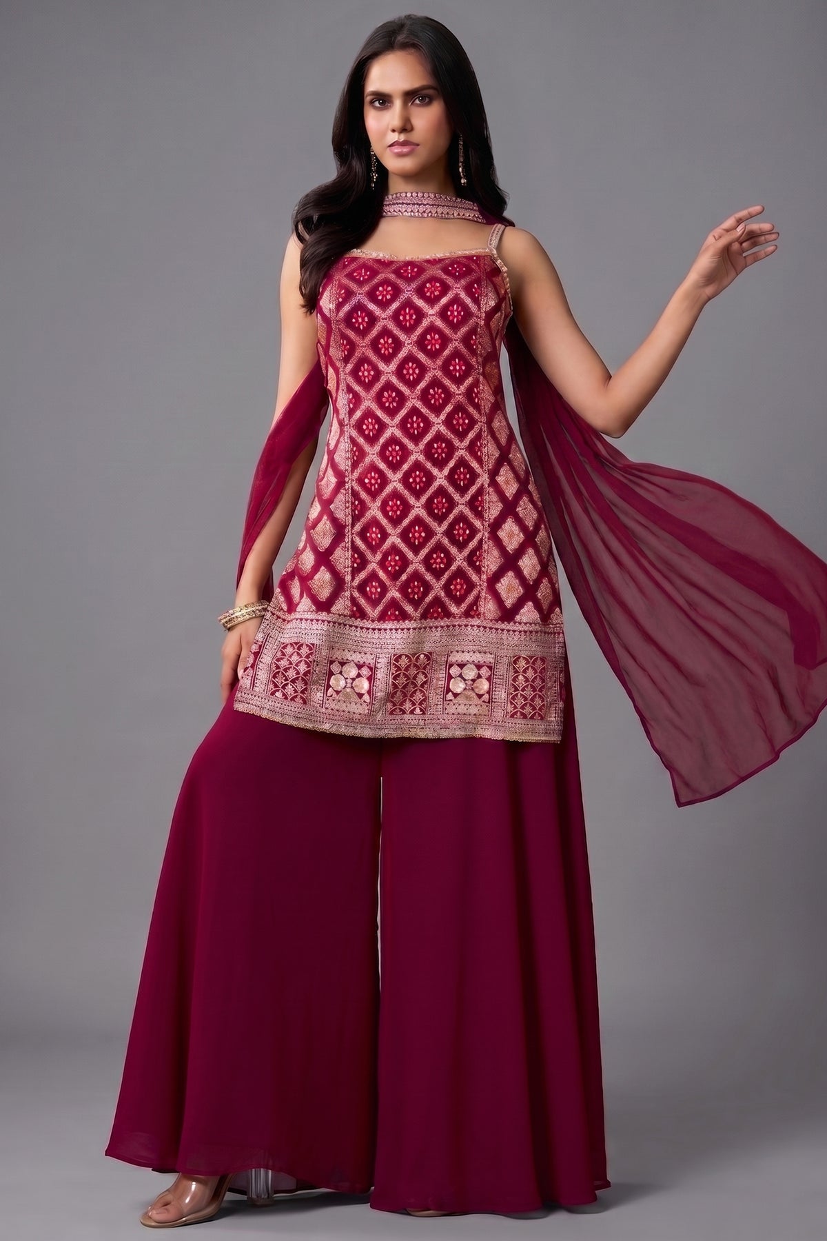 Dark Rani Pink Georgette Palazzo Suit with Sequins - Front View