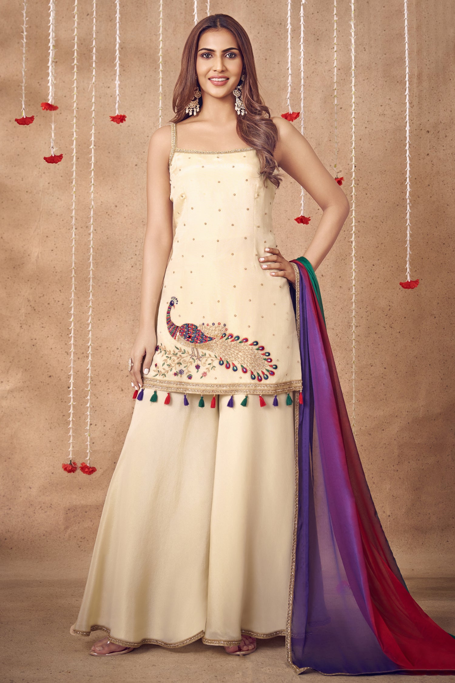 Designer Off White Tissue Silk Palazzo Suit for festive wear