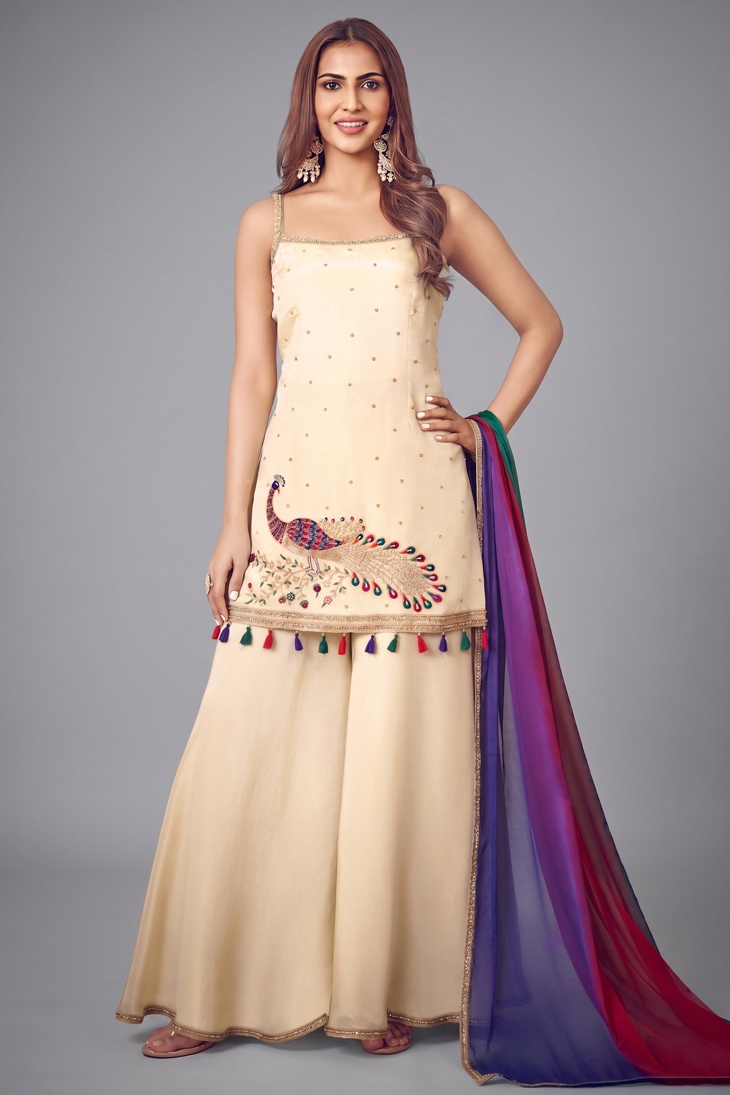 Off White Tissue Silk Palazzo Suit with Embroidered Peacock Motif - Front View