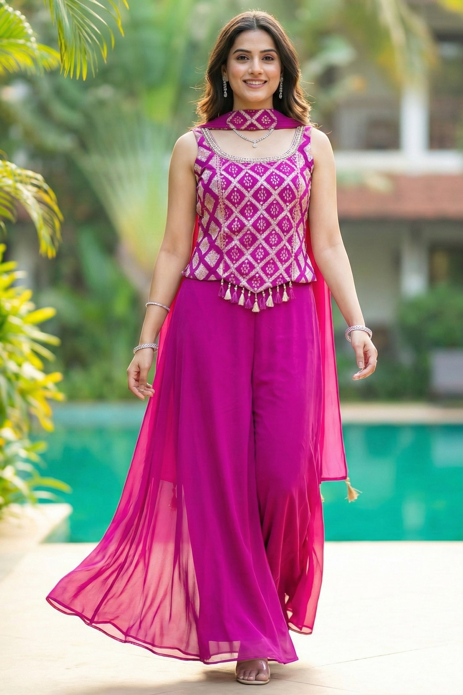 Designer Pink Georgette Woven Top and Palazzo Set for festive wear
