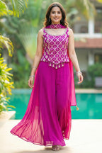 Designer Pink Georgette Woven Top and Palazzo Set for festive wear