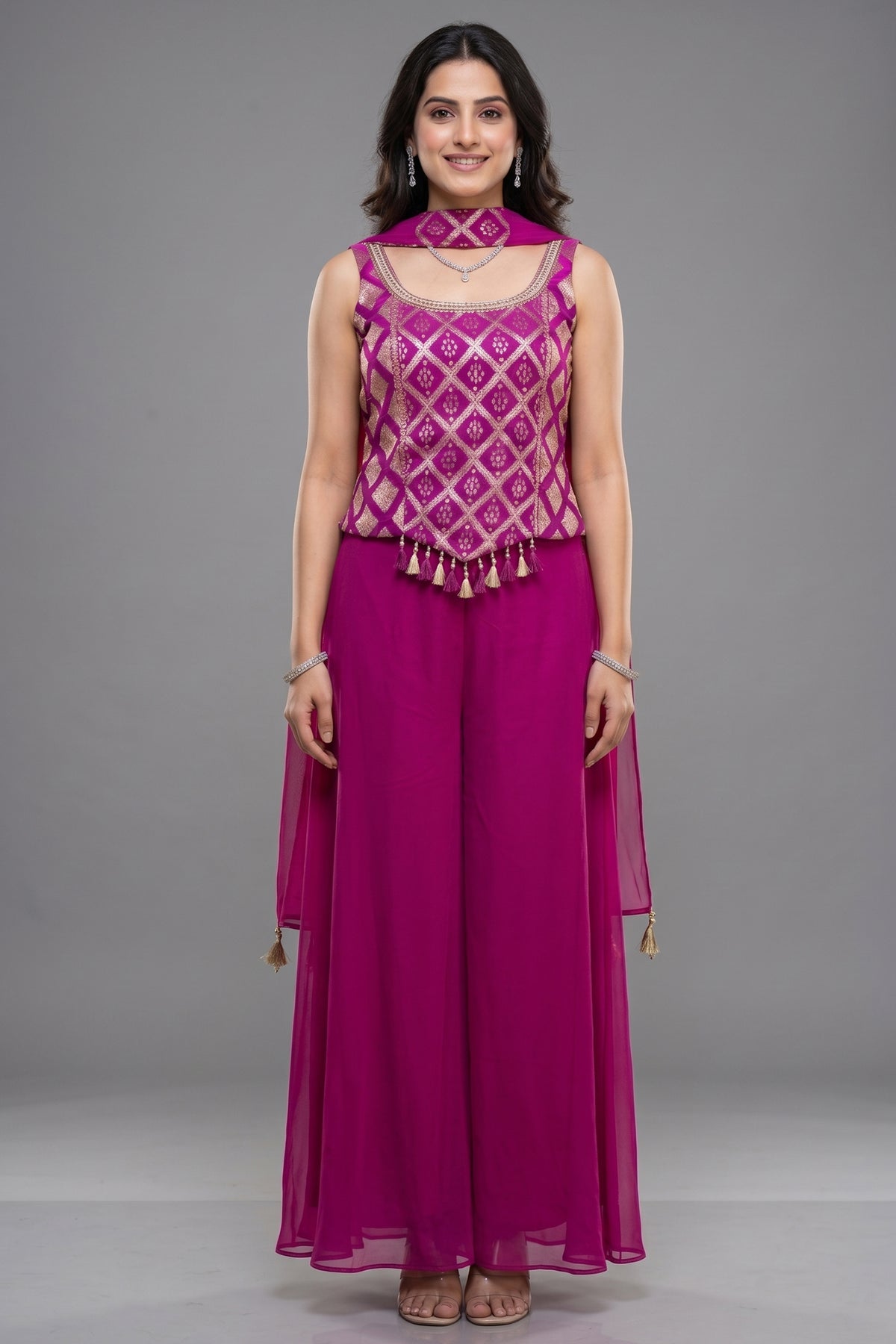 Pink Georgette Woven Palazzo Set - Front View