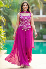Designer Pink Georgette Woven Top and Palazzo Set for festive wear