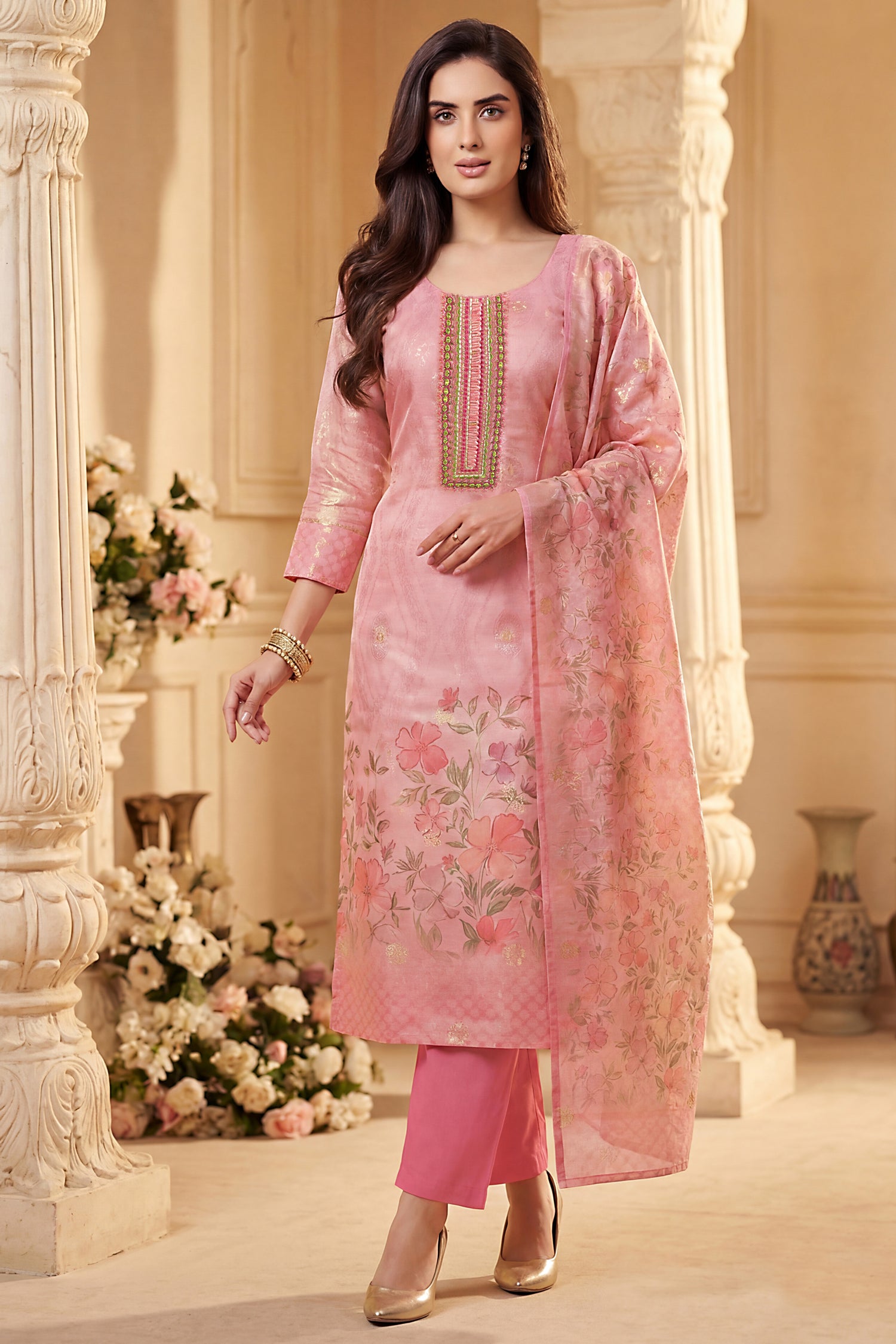 Designer Light Pink Tissue Floral Printed Straight Cut Suit for festive wear