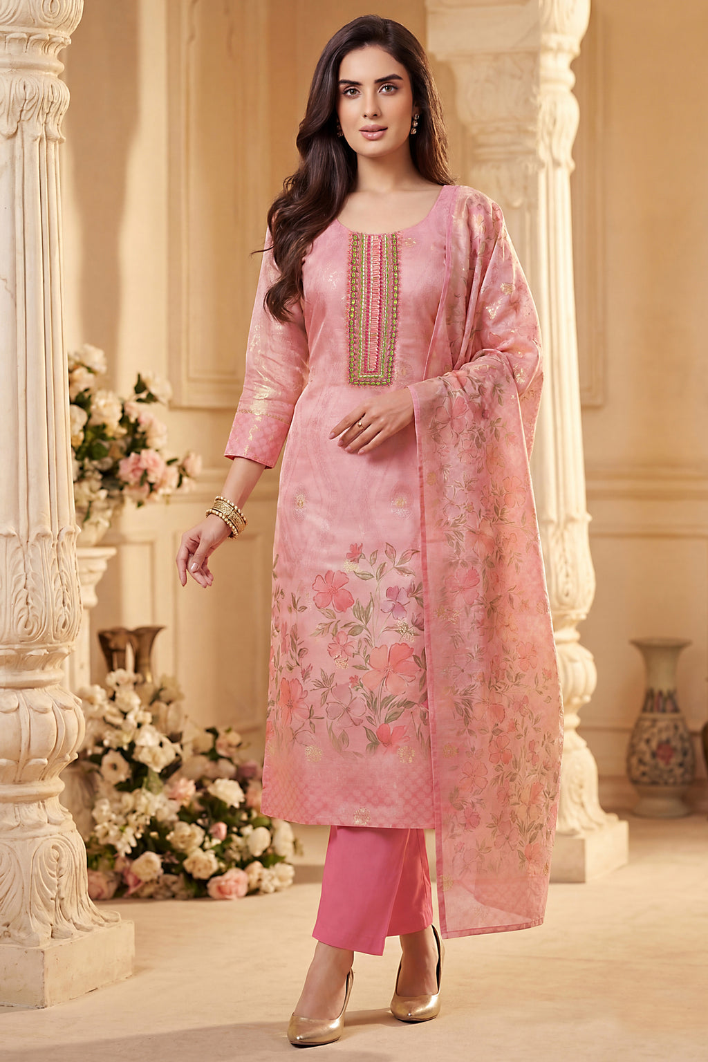 Designer Light Pink Tissue Floral Printed Straight Cut Suit for festive wear