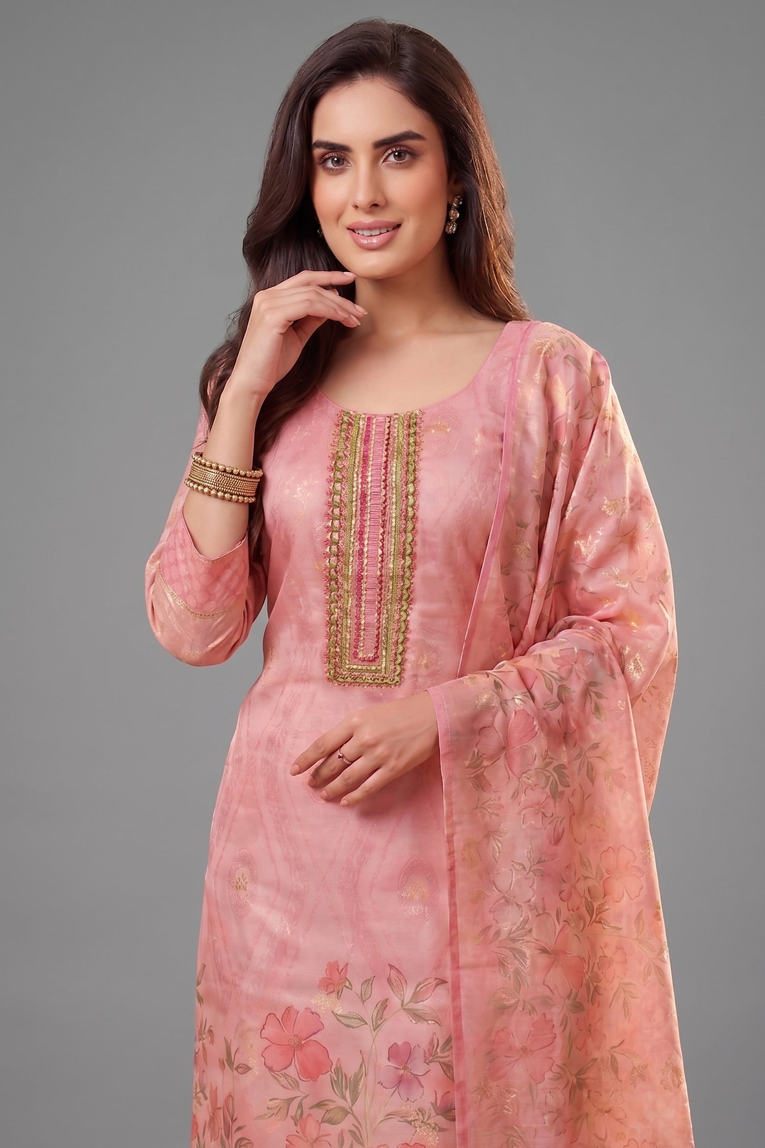 Close-up of floral prints on Light Pink Tissue Straight Cut Suit