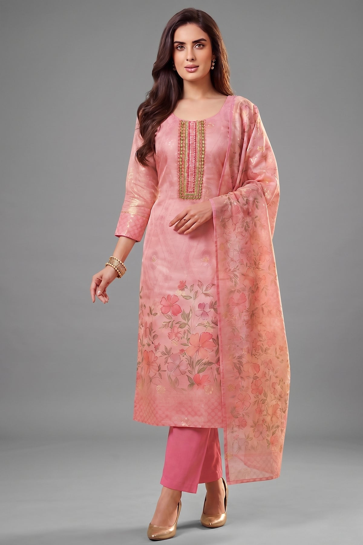 Light Pink Tissue Floral Printed Straight Cut Suit - Front View