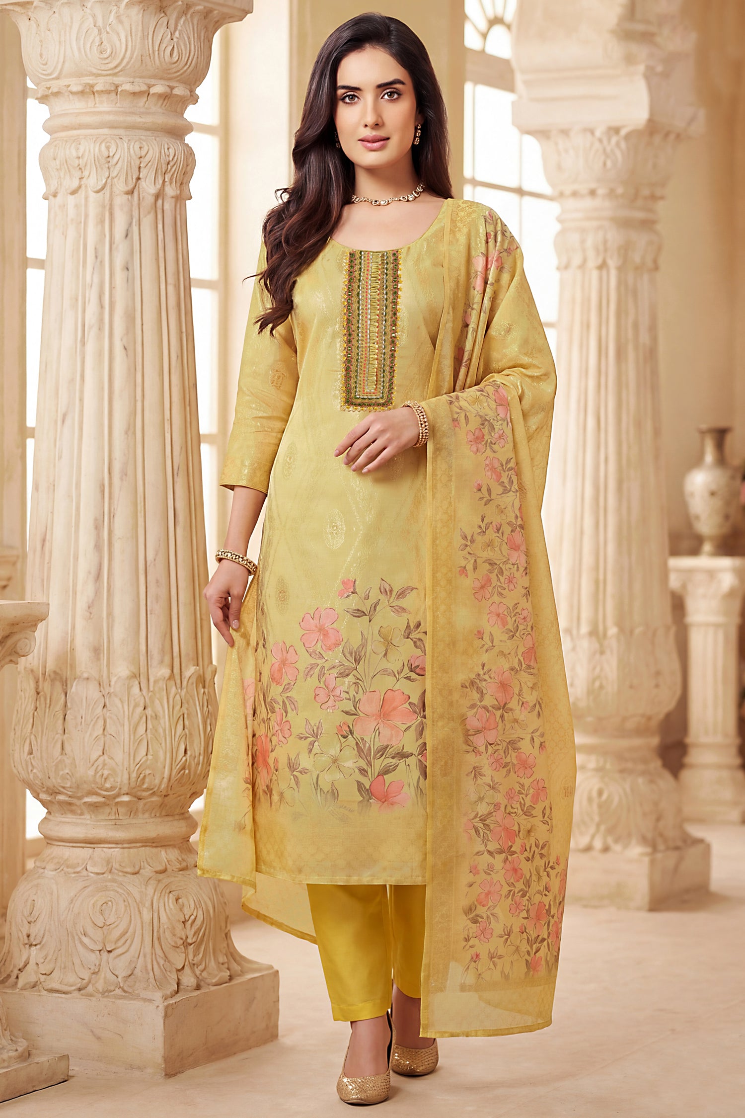 Designer Light Yellow Tissue Floral Printed Straight Cut Suit for festive wear
