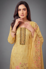 Close-up of floral prints on Light Yellow Tissue Straight Cut Suit