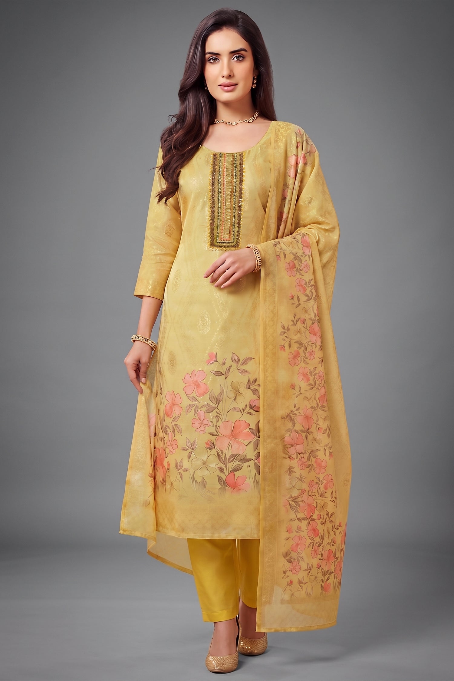 Light Yellow Tissue Floral Printed Straight Cut Suit - Front View