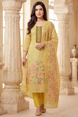 Designer Light Yellow Tissue Floral Printed Straight Cut Suit for festive wear