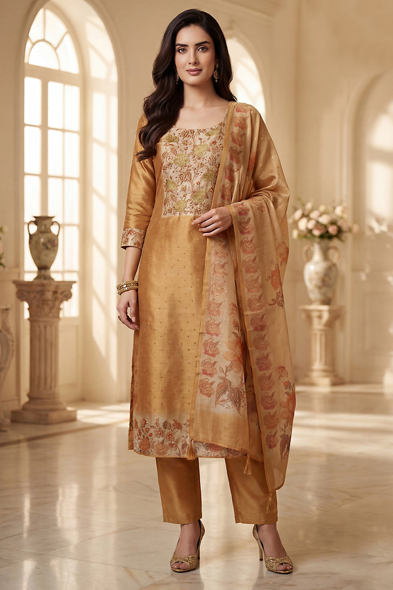 Designer Beige Tissue Embroidered Straight Cut Suit for festive wear