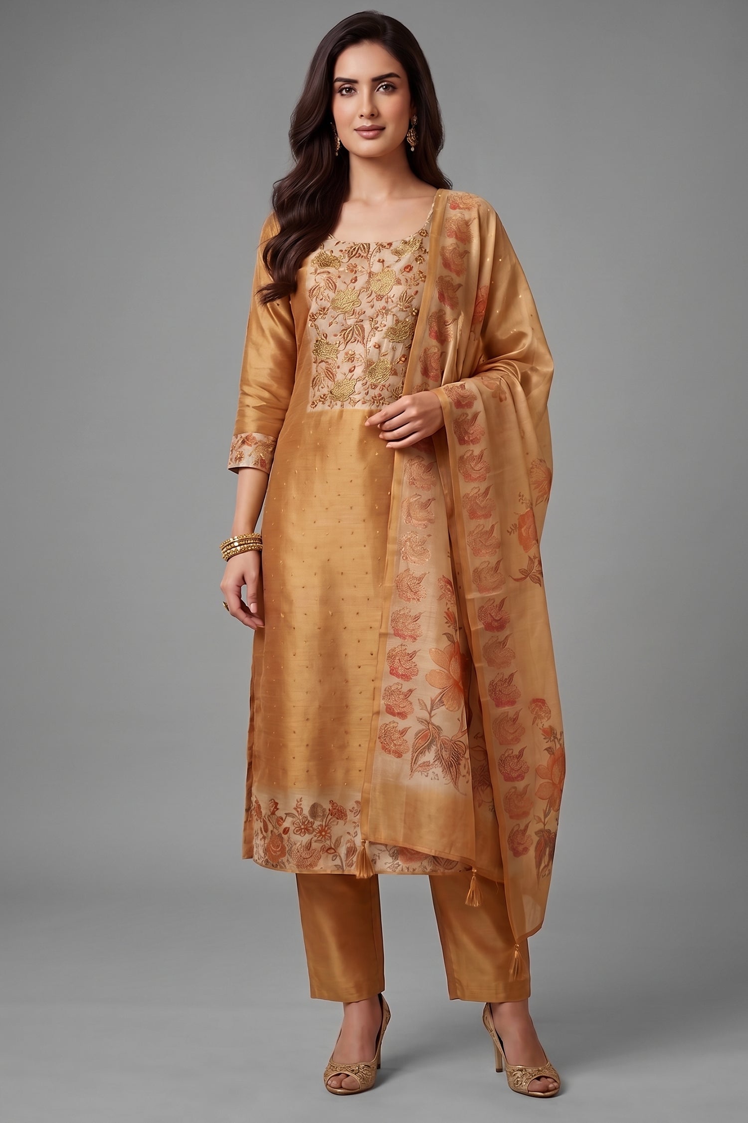 Beige Tissue Embroidered Straight Cut Suit - Front View