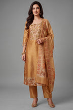 Beige Tissue Embroidered Straight Cut Suit - Front View