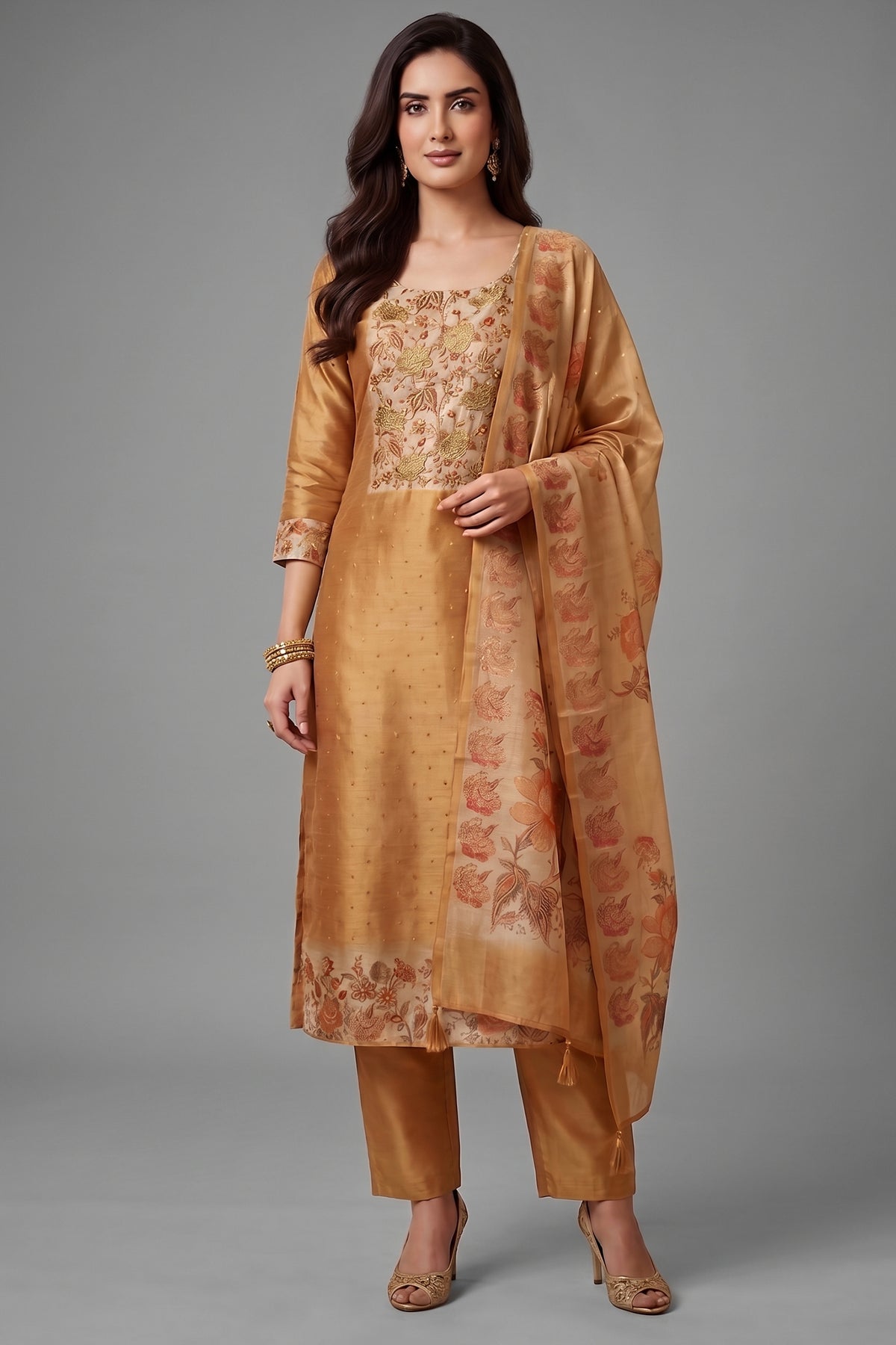 Beige Tissue Embroidered Straight Cut Suit - Front View