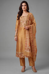 Beige Tissue Embroidered Straight Cut Suit - Front View