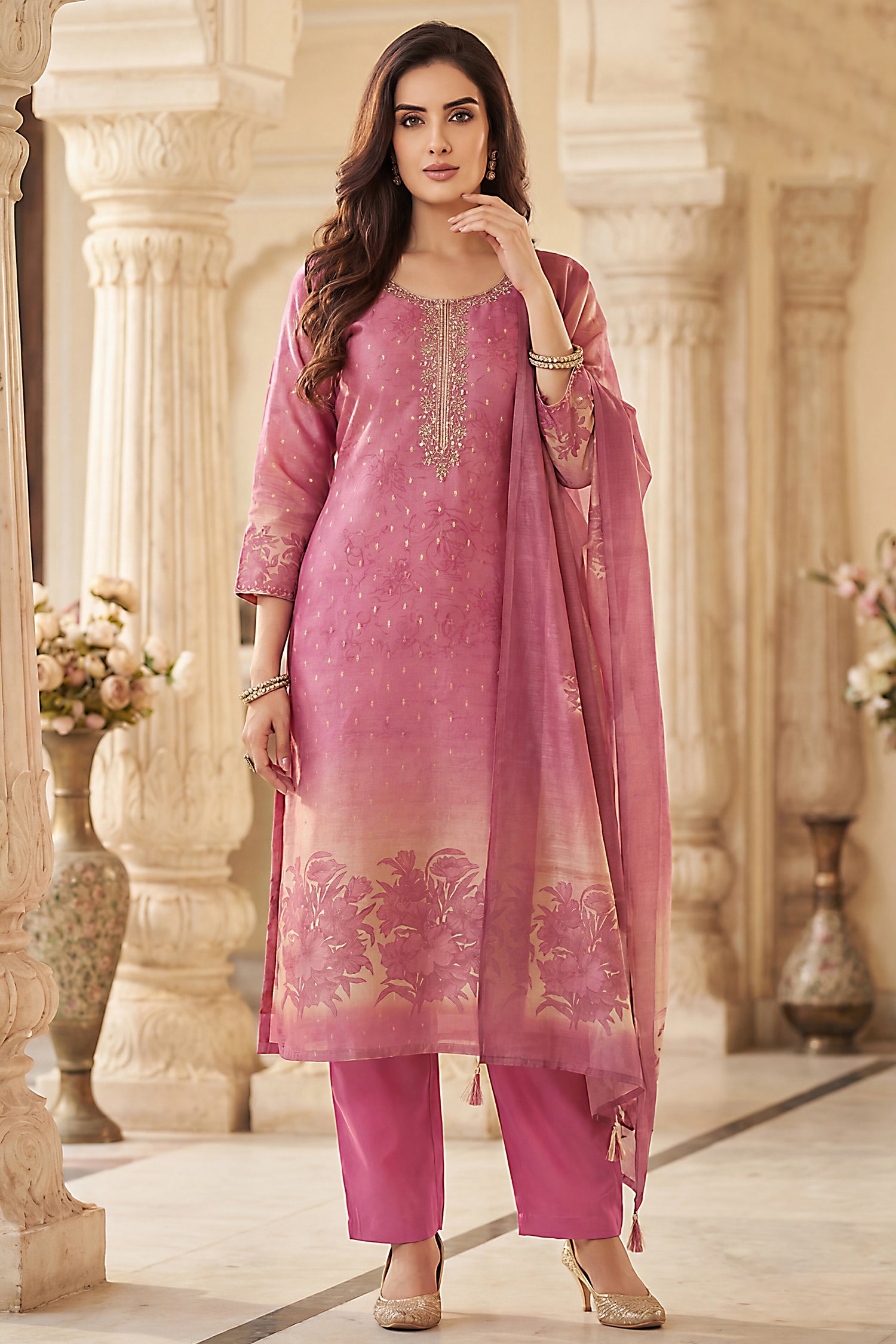 Designer Pink and Cream Tissue Floral Printed Straight Cut Suit for festive wear