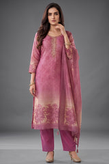 Pink and Cream Tissue Floral Printed Straight Cut Suit - Front View