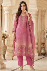 Designer Pink and Cream Tissue Floral Printed Straight Cut Suit for festive wear