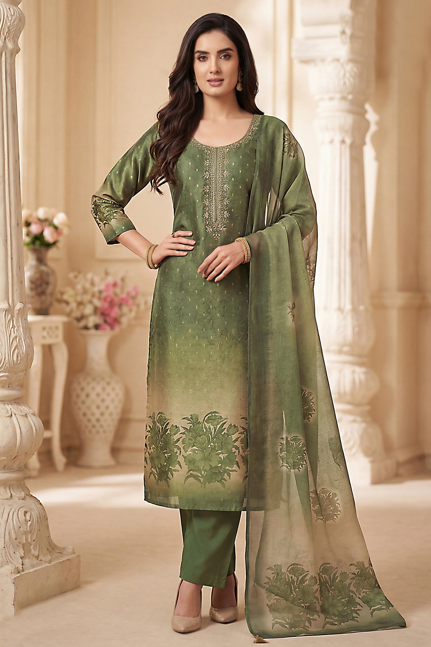 Designer Green and Cream Tissue Straight Cut Suit for festive wear