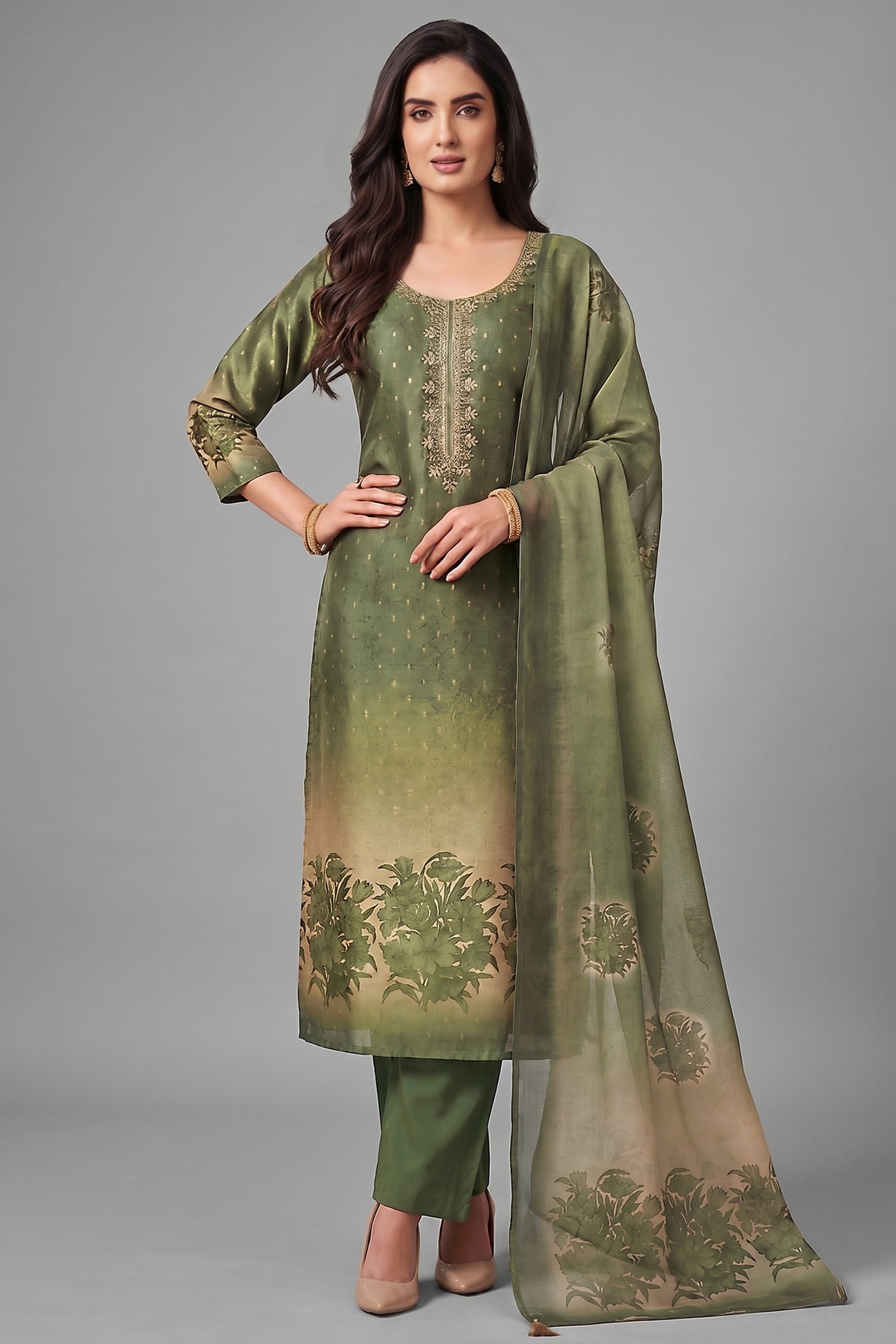 Green and Cream Tissue Floral Printed Straight Cut Suit - Front View