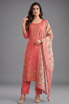 Coral Peach Art Silk Embroidered Suit - Front View
