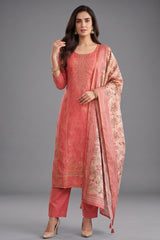 Coral Peach Art Silk Embroidered Suit - Front View
