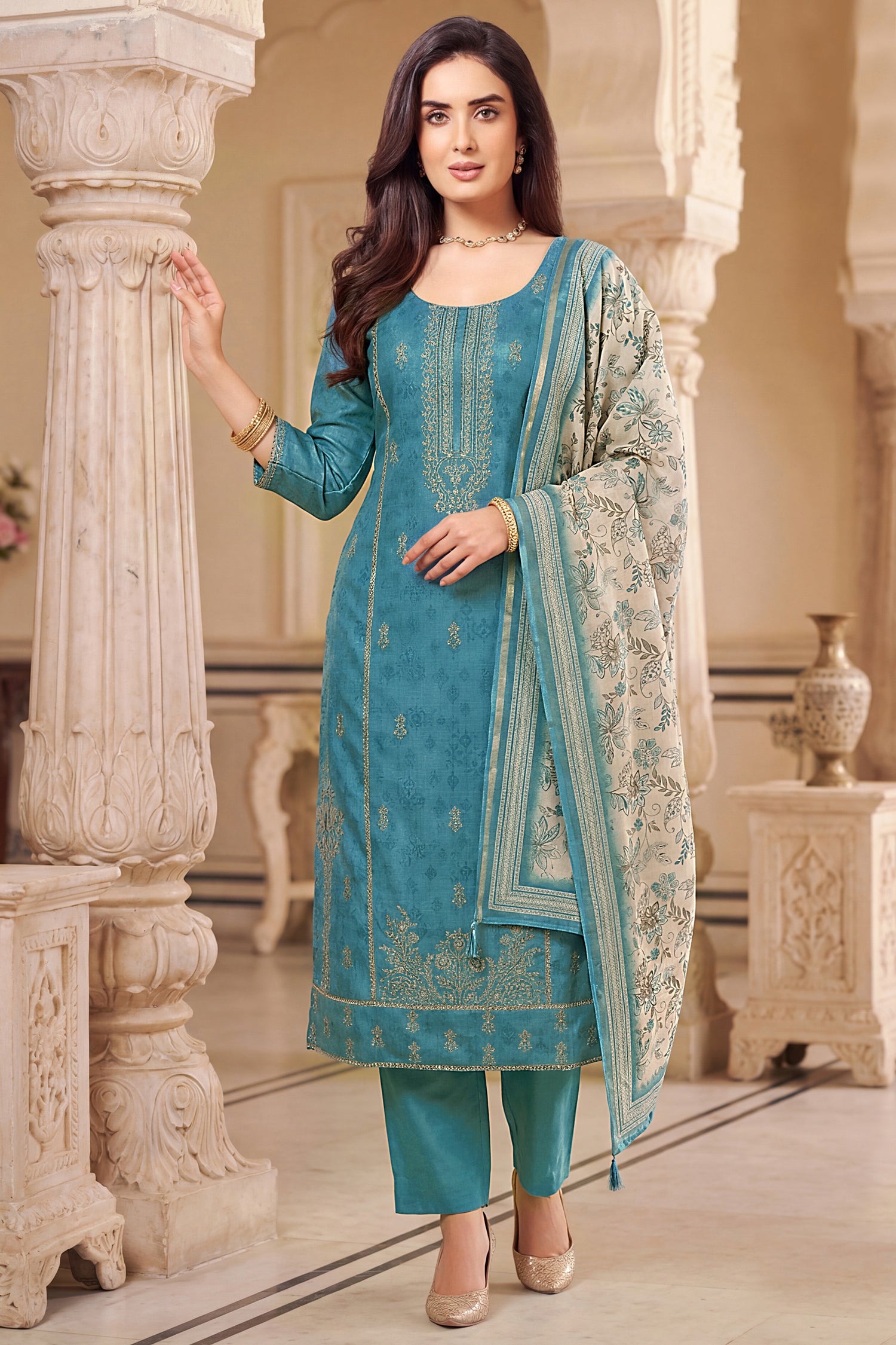 Designer Blue Art Silk Embroidered Straight Cut Suit for festive wear