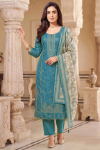 Designer Blue Art Silk Embroidered Straight Cut Suit for festive wear