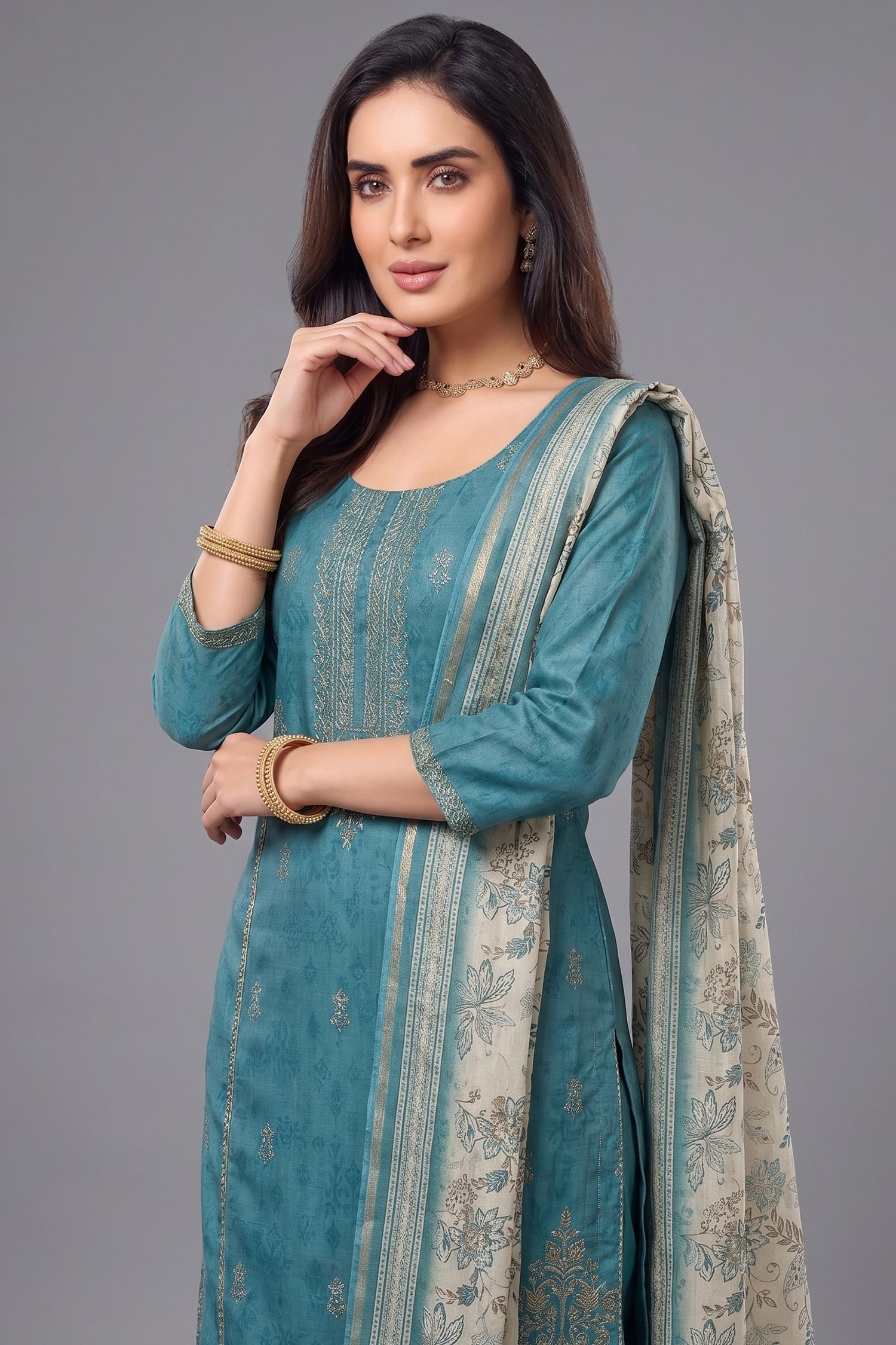 Close-up of embroidery on Blue Art Silk Embroidered Straight Cut Suit