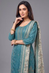 Close-up of embroidery on Blue Art Silk Embroidered Straight Cut Suit