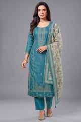 Blue Art Silk Embroidered Straight Cut Suit - Front View