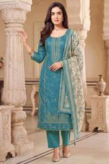 Designer Blue Art Silk Embroidered Straight Cut Suit for festive wear