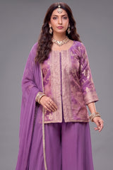 Close-up of woven patterns on Lavender Tissue Woven Palazzo Suit