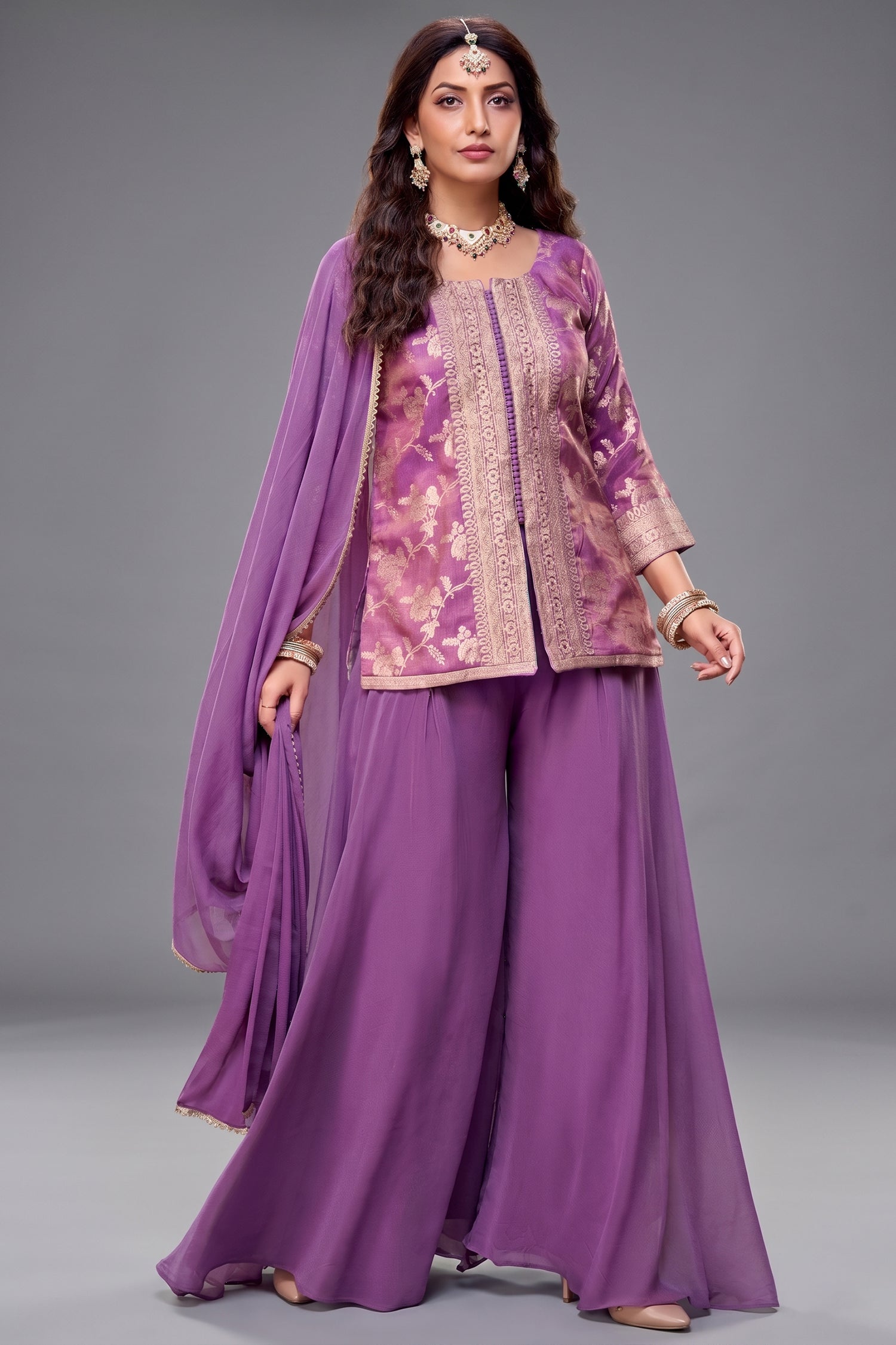 Lavender Tissue Woven Palazzo Suit - Front View
