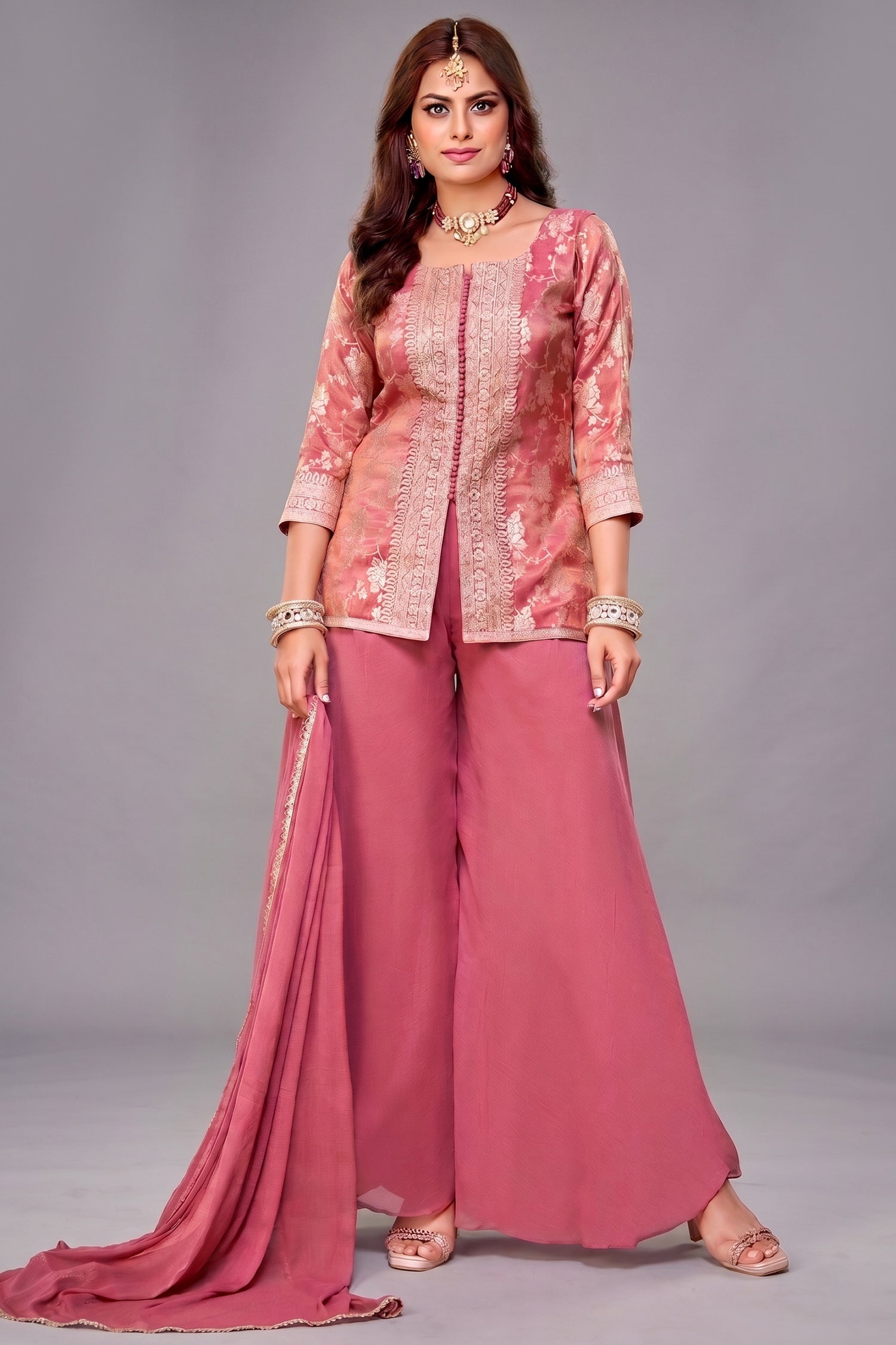 Dark Peach Pink Tissue Woven Palazzo Suit - Front View